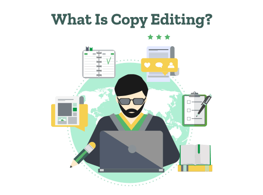 A copy editor works on a laptop and four icons behind them denote copy editing for newspapers, academic documents, web copy, and books. Text in the image reads: What Is Copy Editing?